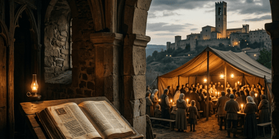 Open prayer book framing a candlelit medieval gathering beneath a hilltop fortress