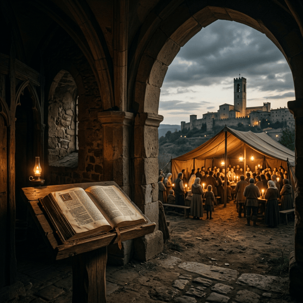 Open prayer book framing a candlelit medieval gathering beneath a hilltop fortress