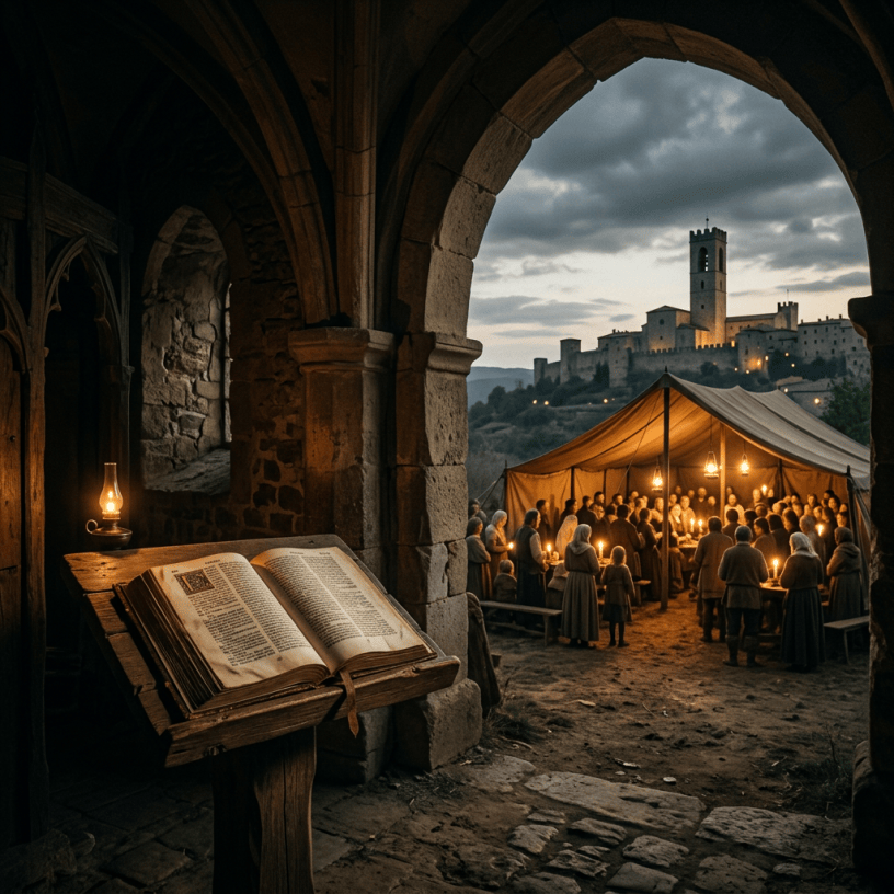 Open prayer book framing a candlelit medieval gathering beneath a hilltop fortress
